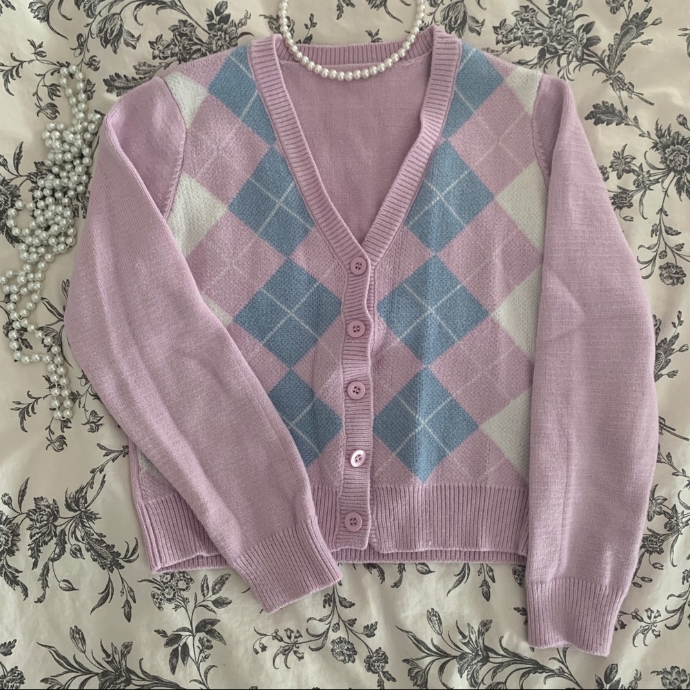 Y2k pink and blue argyle cropped sweater size XS-S